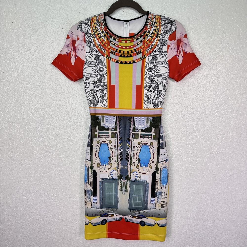 Clover Canyon Dress Womens XS Cityscape Car Print Bodycon Stretch Art To Wear